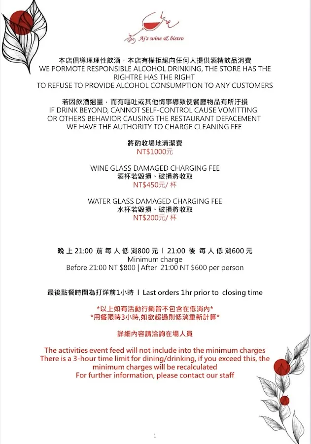 Aj's wine & bistro 菜單 1
