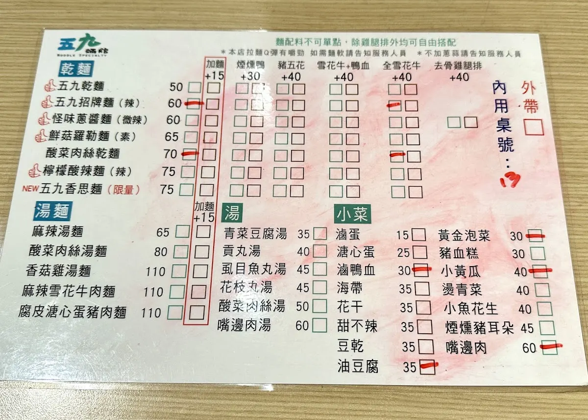 五九麵館（公館店） 菜單 1